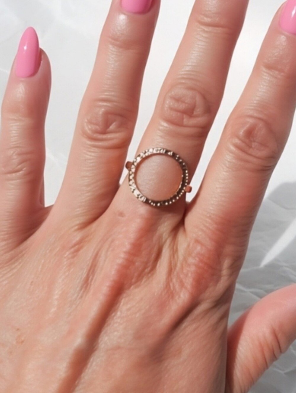 Delicate Rose Gold Tone Circle Ring with a Texrured Accent Size 8